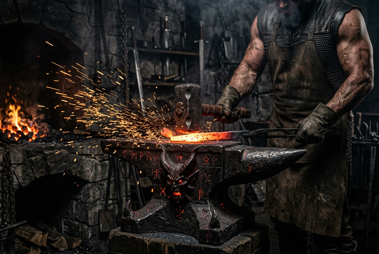 A gritty close-up of a blacksmith anvil with orange sparks in a dark medieval workshop