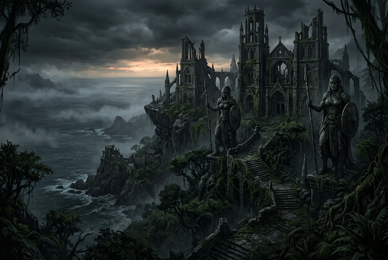 Concept art of the Skovos Isles with tropical jungles and ancient stone architecture under a dark sky