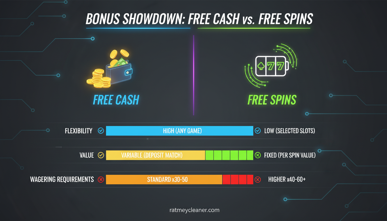 Wykres porównawczy bonusów gotówkowych i darmowych spinów w kasynach online