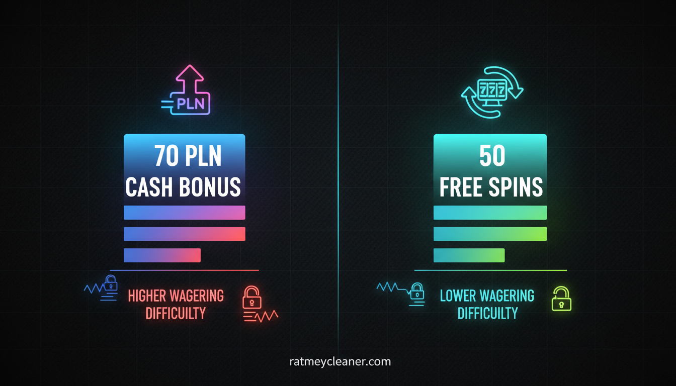 Wykres porównujący bonus 70 zł bez depozytu z darmowymi spinami pod kątem wymogu obrotu