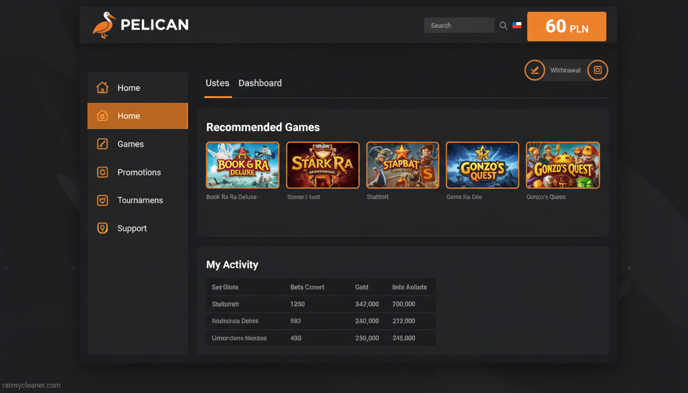 Interfejs Pelican Casino z widocznym bonusem 60 zł na koncie gracza