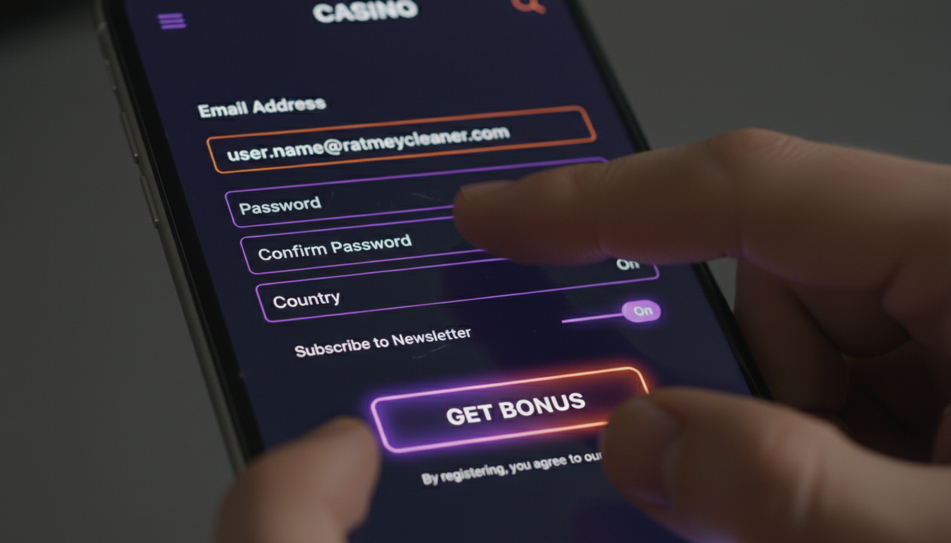 Formularz rejestracji w kasynie mobilnym z widocznym polem na kod bonusowy