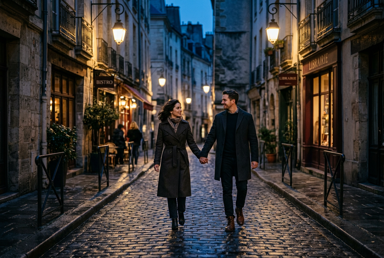 Cinematic couple photoshoot in a moody urban setting