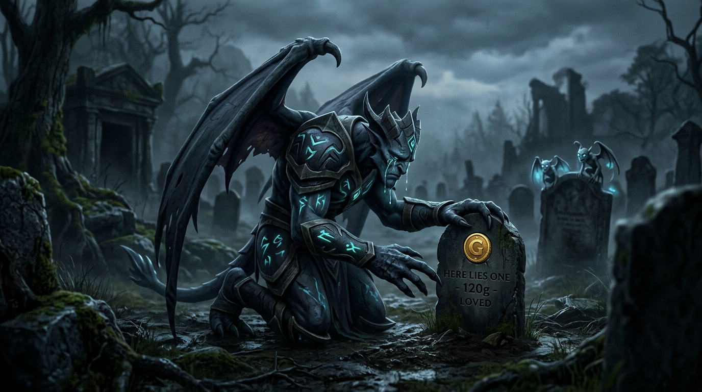 Visage mourning at a gravestone with a gold coin icon