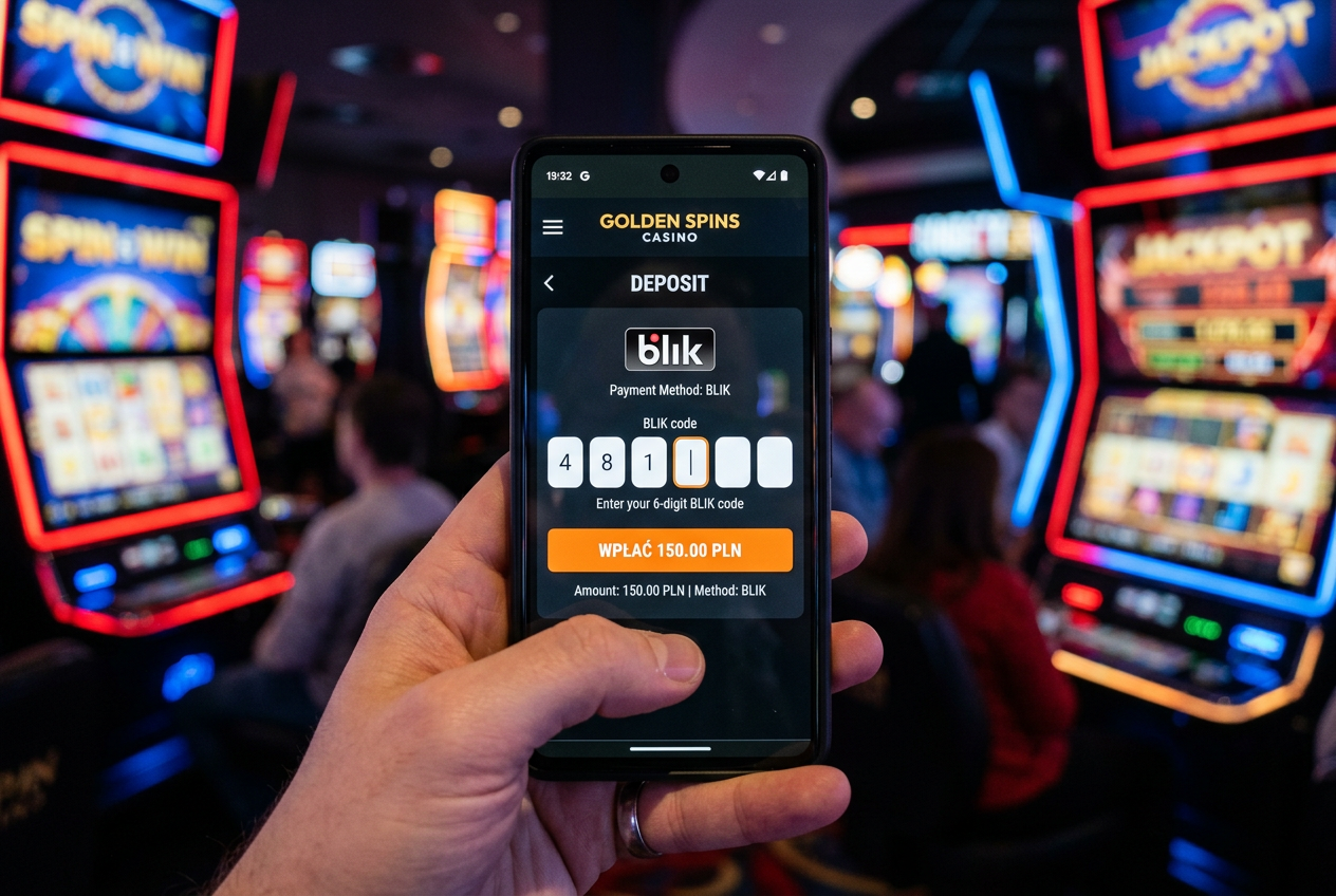 Smartphone displaying BLIK payment interface with a 6-digit code entry field against a blurry casino slot machine background