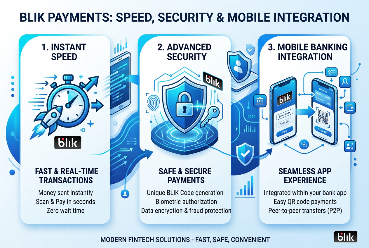 Infografika przedstawiająca bezpieczeństwo i szybkość płatności BLIK w kasynie online