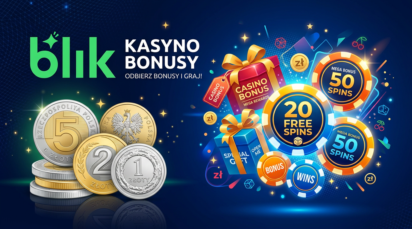 Zestawienie ikon bonusów kasynowych i logo BLIK