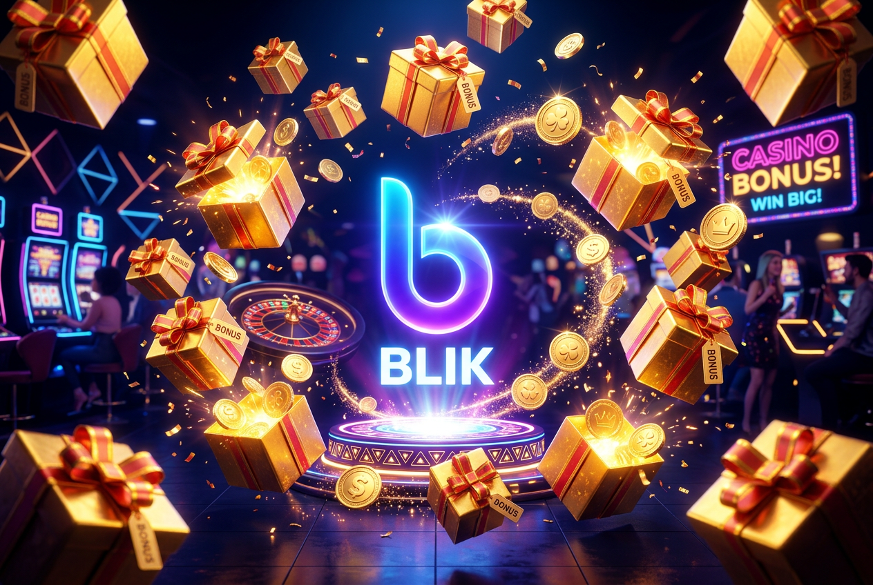 Golden casino bonus icons and gift boxes around a BLIK logo representing promotion eligibility