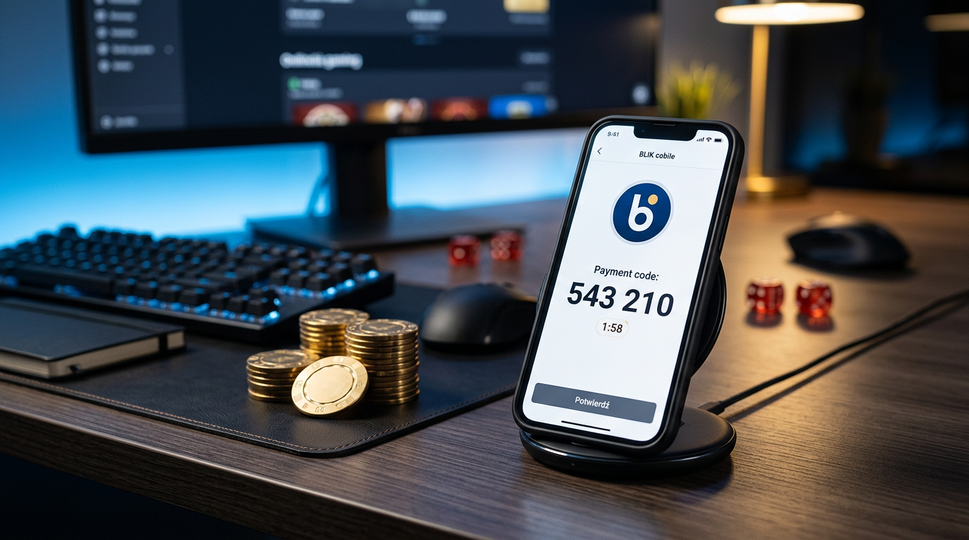 Smartfon z kodem płatności BLIK i akcesoria kasynowe w tle