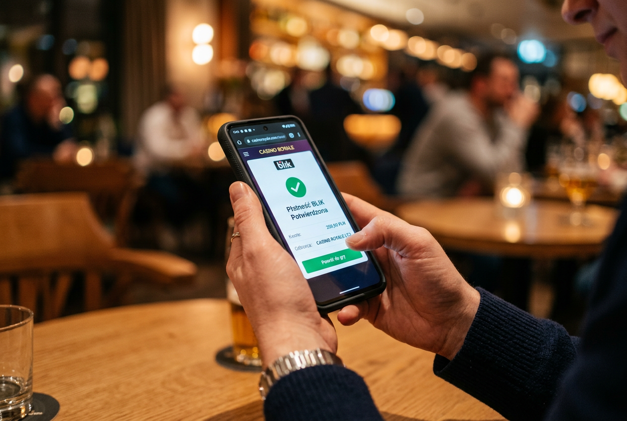Gracz korzystający z telefonu komórkowego do zlecenia szybkiej płatności BLIK w aplikacji kasyna