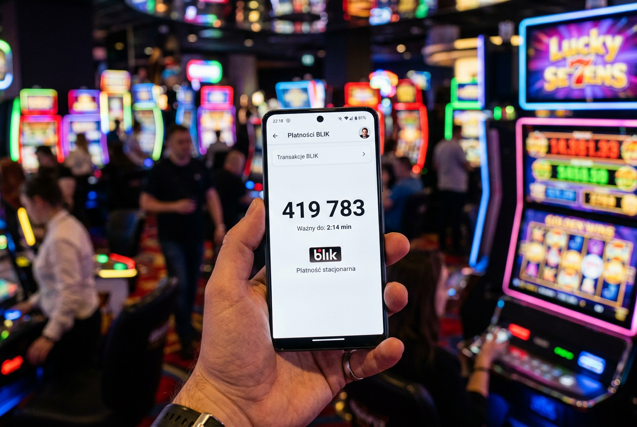 Smartphone displaying a 6-digit BLIK code with casino slot machines in the background