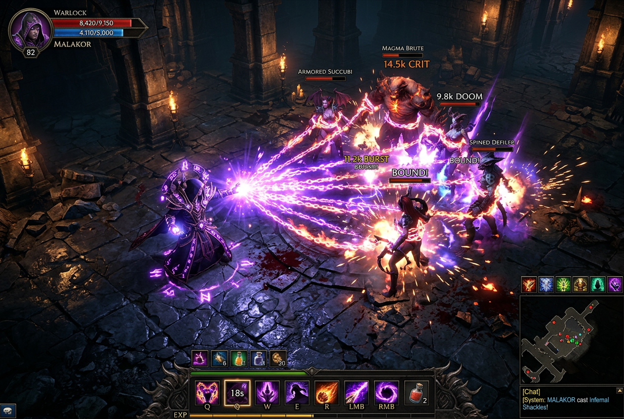 Gameplay screenshot showing a Warlock using the Infernal Shackles ability on a group of Elite mobs in a dark dungeon