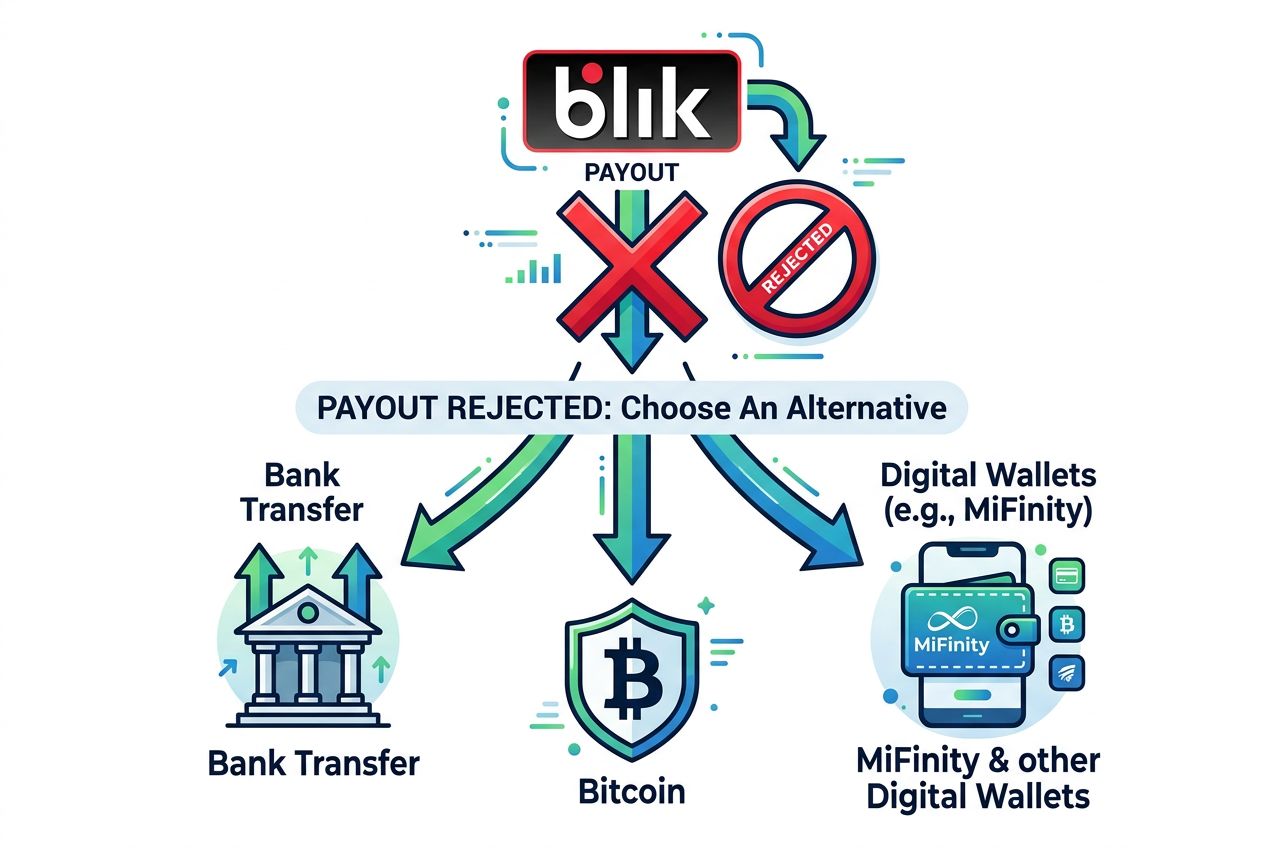 Ilustracja różnych ikon metod wypłat obok logotypu BLIK symbolizująca brak bezpośrednich wypłat